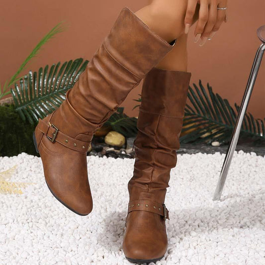 Studded Ruched Buckled Cowgirl Knight Boots