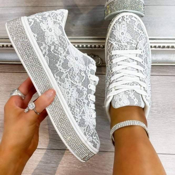 Shinning Lace Trim White Sneakers