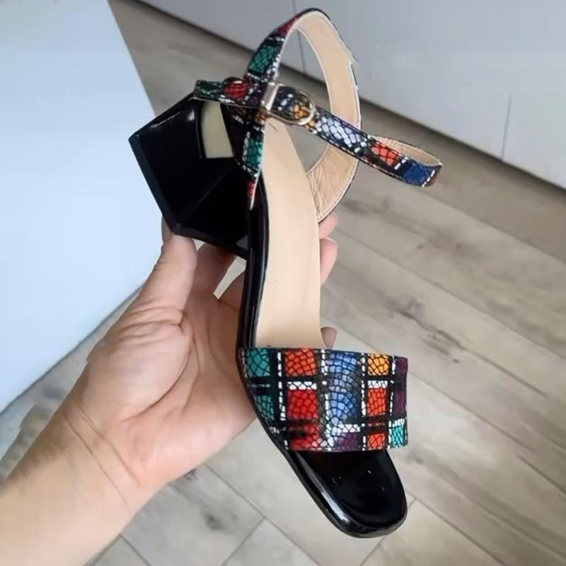 Fashion Printed Thick Heeled Sandals