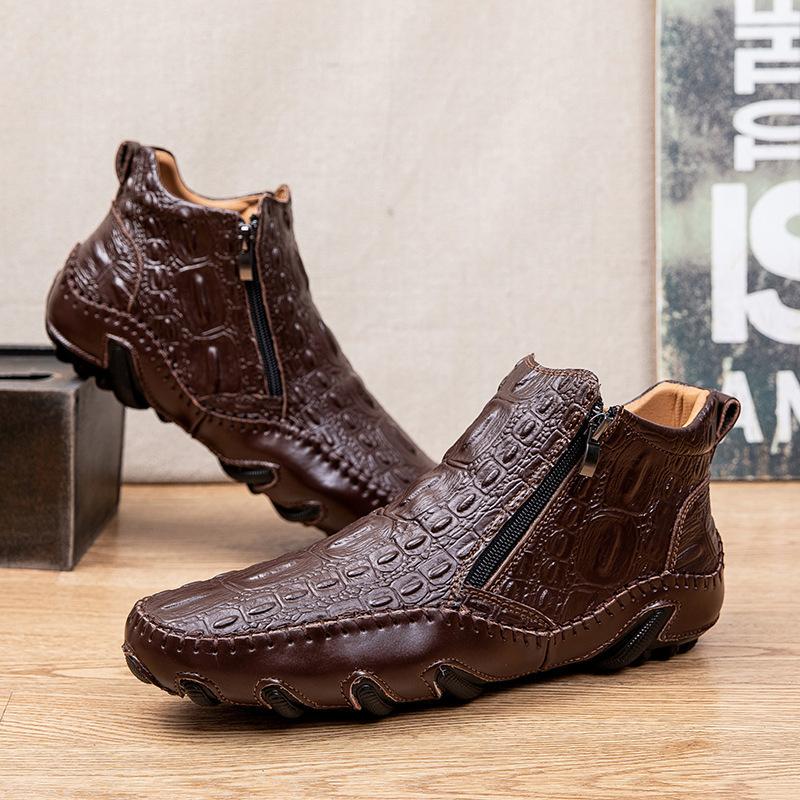 Men's British Flat Heel Crocodile Leather Mid Top Boots