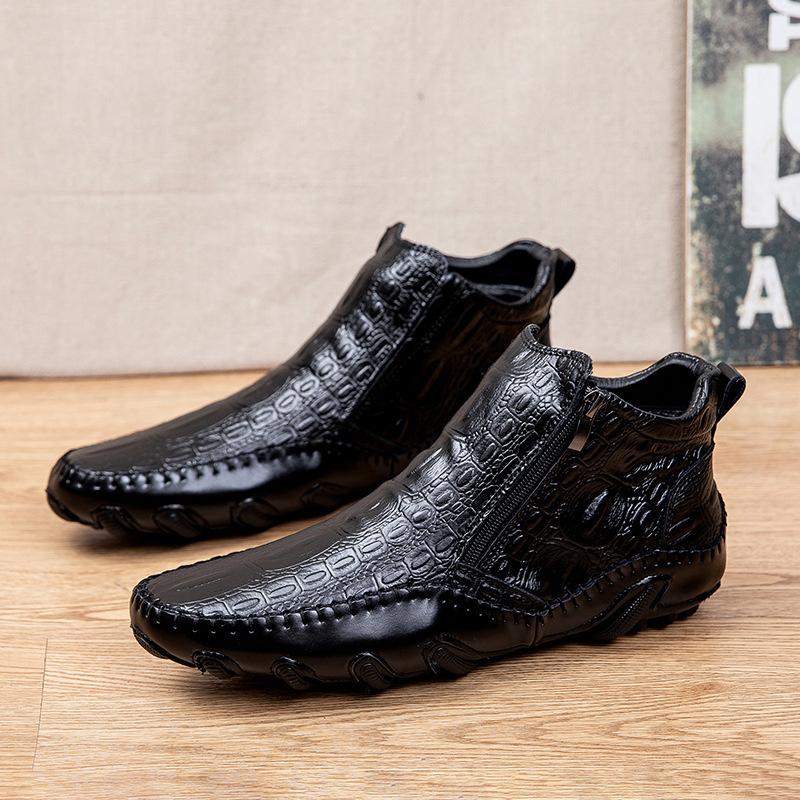 Men's British Flat Heel Crocodile Leather Mid Top Boots