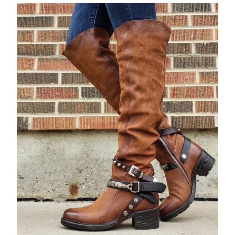 Women'S Belt Buckle Chunky Heel Mid Heel Boots
