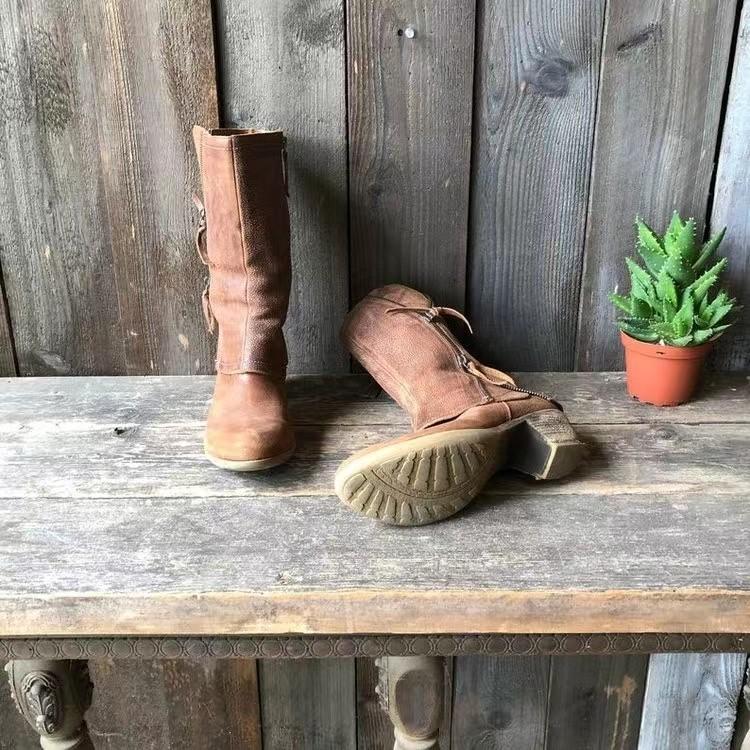 Women'S Medium Chunky Heel Side Zip Leather Boots