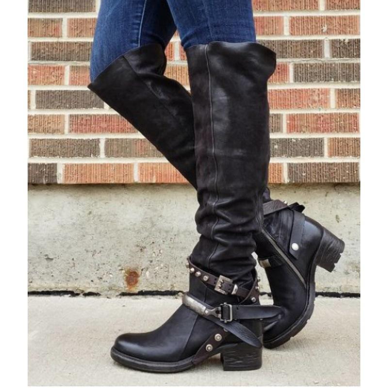Women'S Belt Buckle Chunky Heel Mid Heel Boots