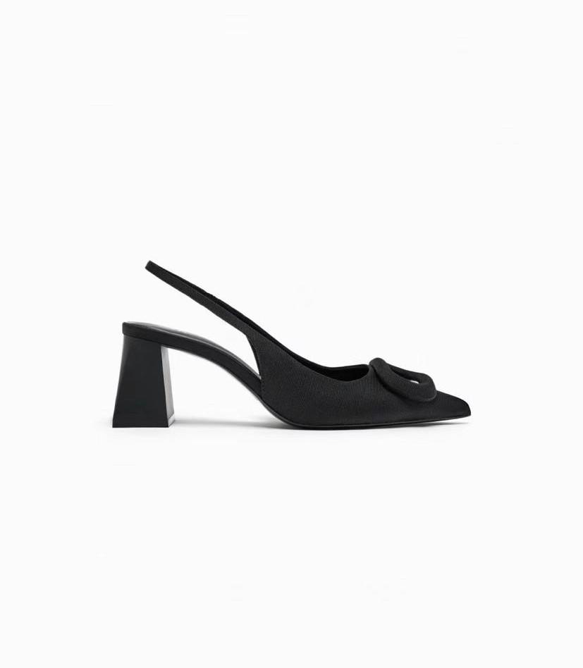 CS Black Pointed Toe Square Buckle Chunky Heel Shoes