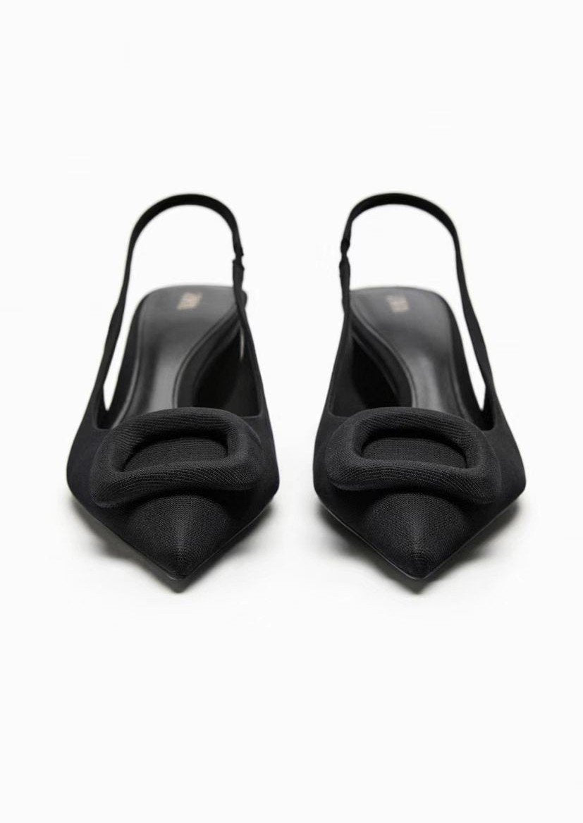 CS Black Pointed Toe Square Buckle Chunky Heel Shoes